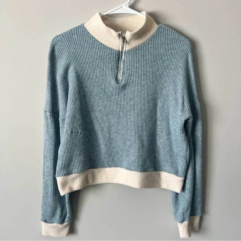 Women’s Blue and Cream Quarter-Zip Sweater, Size Medium, Waffle Sweater